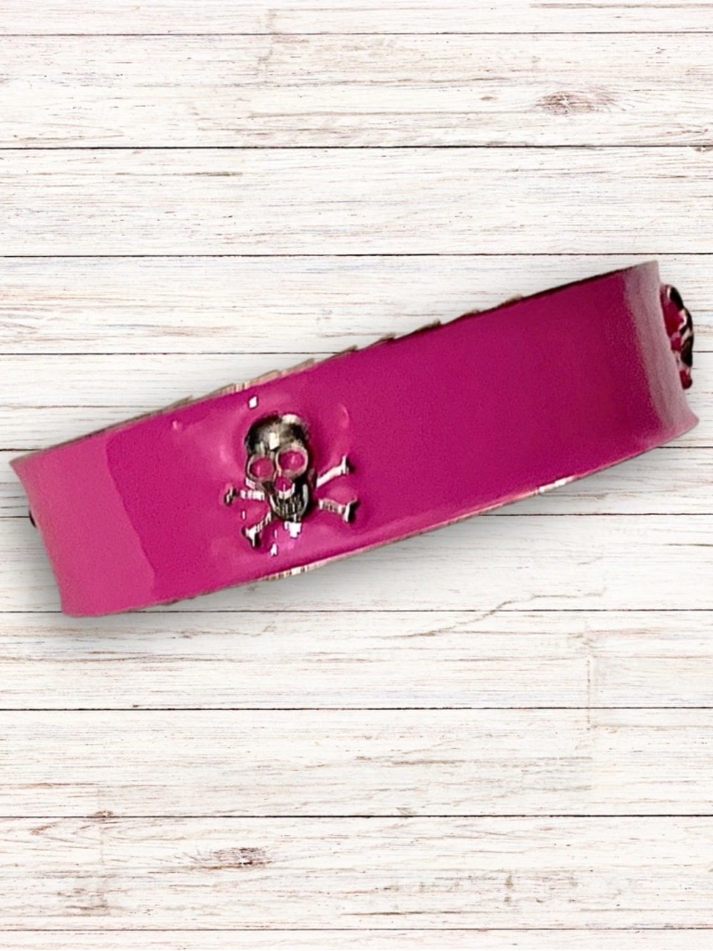 CUFF BANGLE BRACELET Skull & Crossbones Barbie Pink Silvertone & Pink Enamel